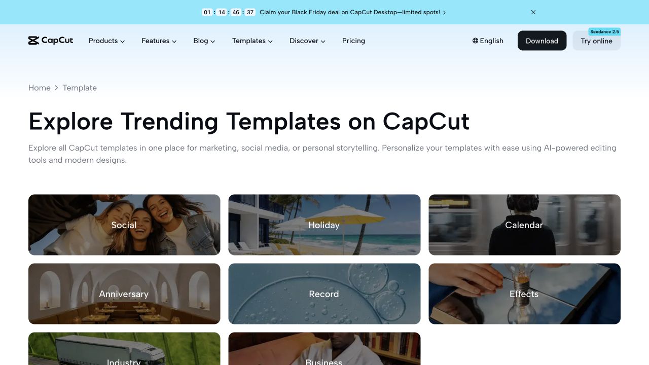 CapCut templates page showing its template categories for social media, holidays and effects