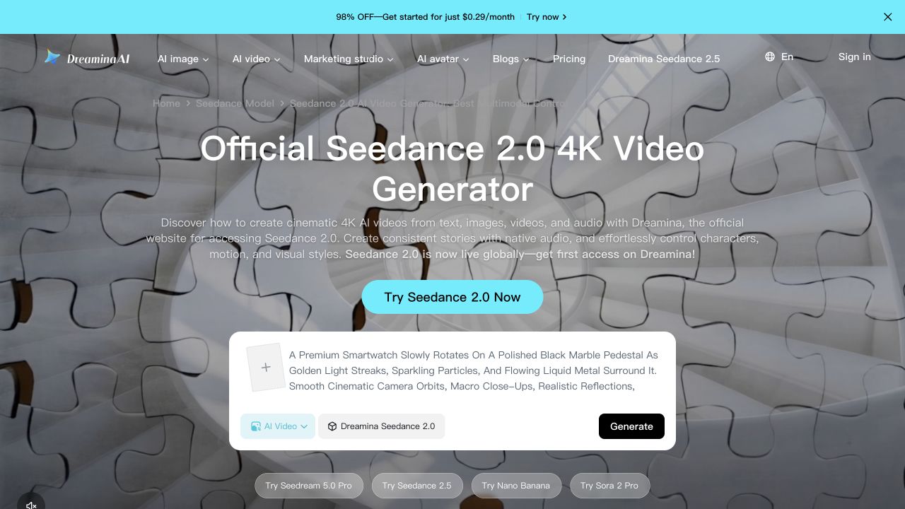 Dreamina Seedance 2.0 page showing the video generator prompt box and reference upload option