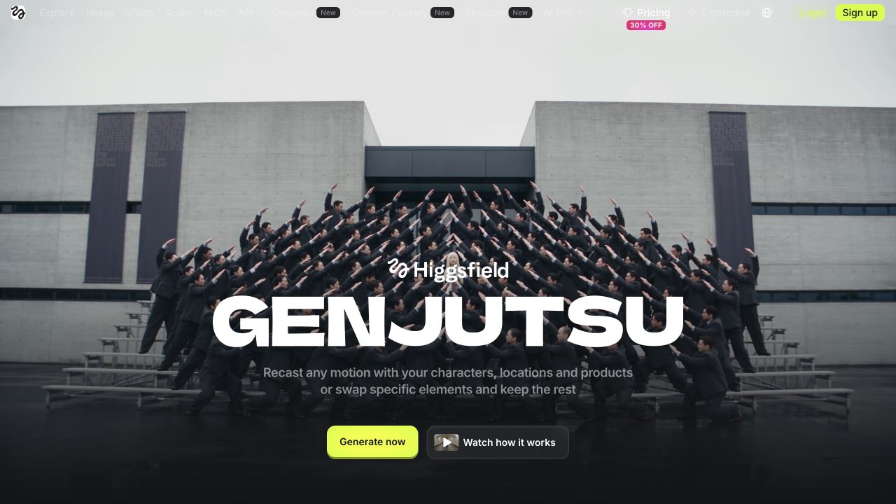 Higgsfield Genjutsu product page showing its video recasting and motion transfer introduction