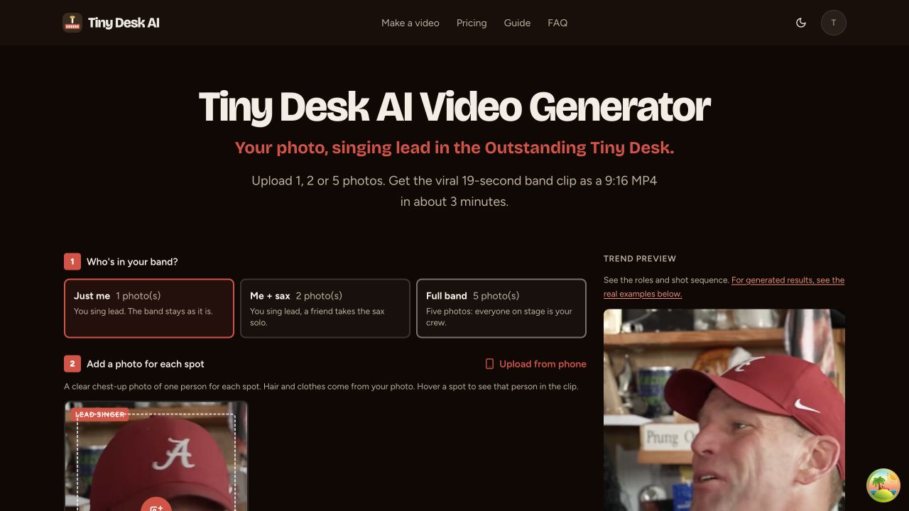 Tiny Desk AI studio showing the one-, two- and five-photo cast options and trend preview