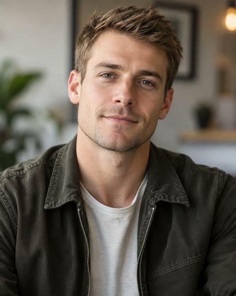 The photo we uploaded: a man in an olive zip jacket over a white t-shirt, chest-up, facing the camera